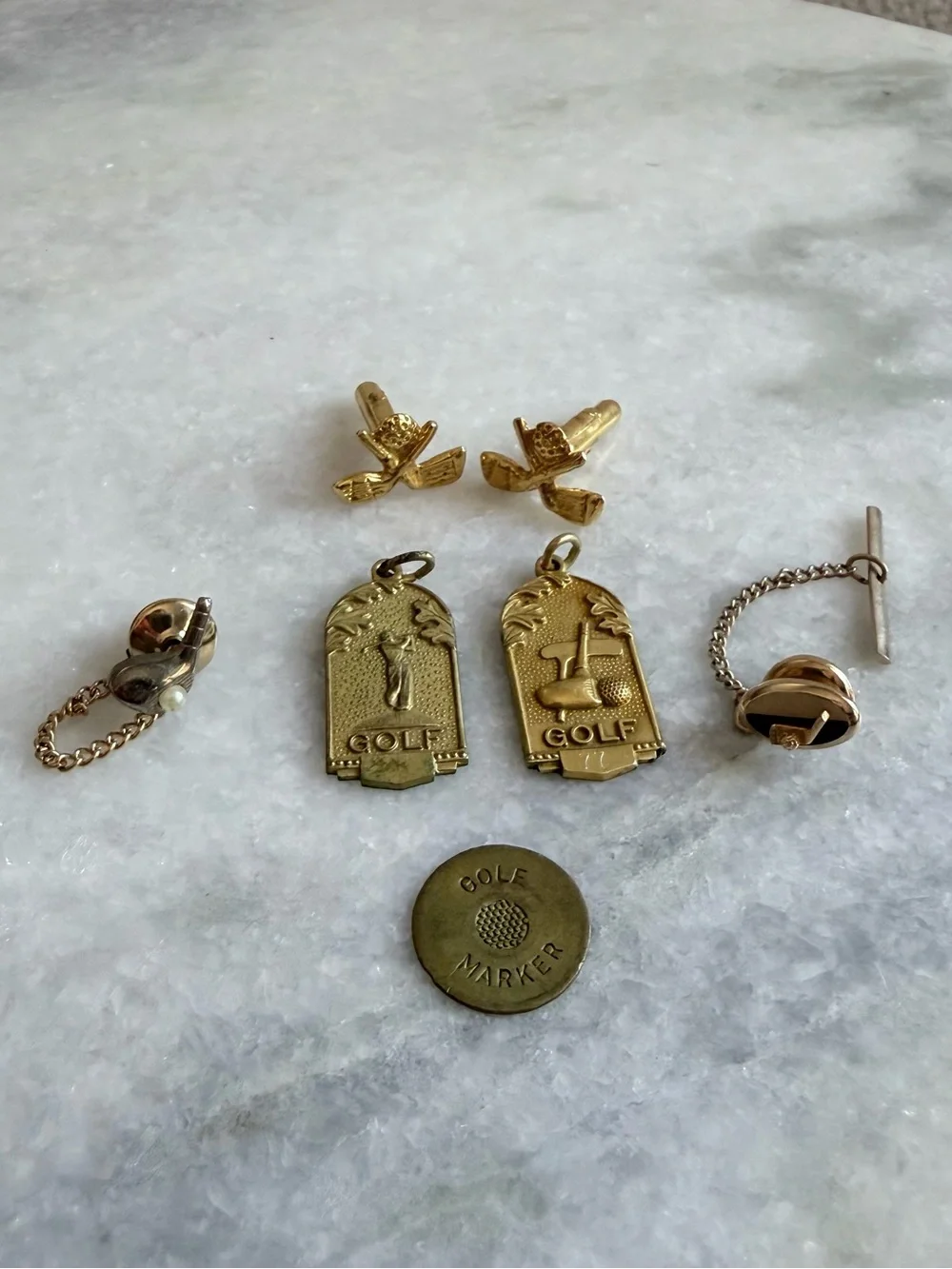 Vintage Gold Tone Golf Cufflink, Tie Tack Set and pendants